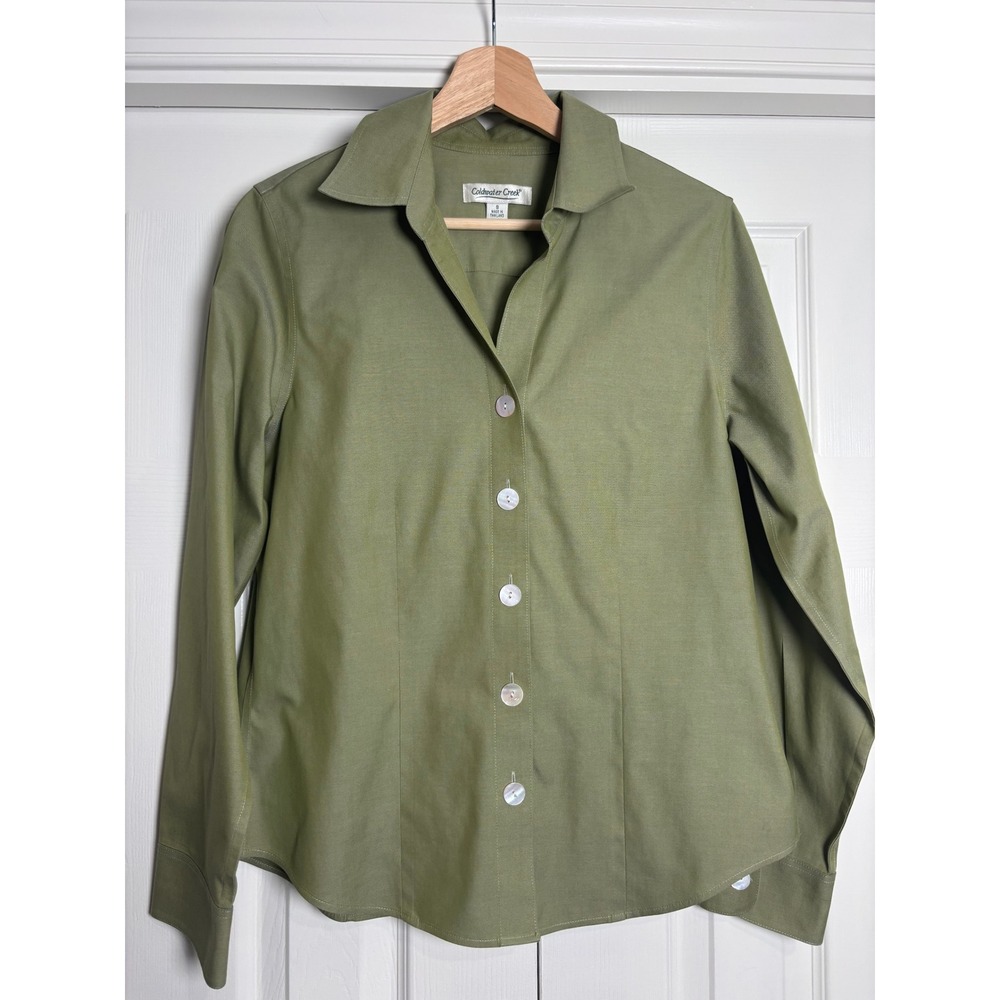 Coldwater Creek Olive Green Cotton Button Down Shirt Long Sleeve Womens Small